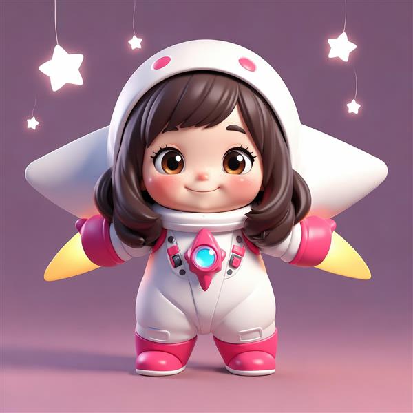 پوستر کودکانه دختر فضانورد با موشک‌های جانبی و ستاره‌های آویزان (طرح سه‌بعدی)