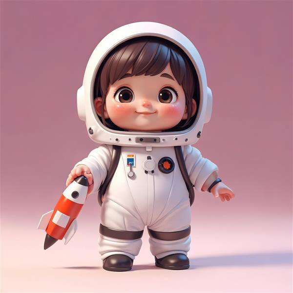 تصویر لارج فرمت دختر فضانورد با موشک کوچک در دست (مناسب چاپ پوستر کودکانه)