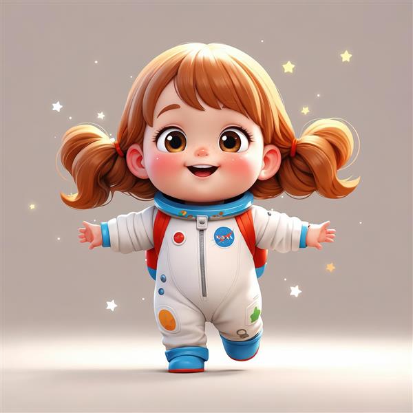 کاراکتر دختر بچه فضانورد بدون کلاه با موهای دم‌اسبی و کوله‌پشتی قرمز (طرح شاد)