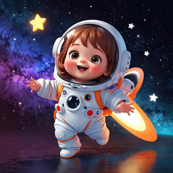 تصویر اورجینال دختر فضانورد با بال‌های موشکی در زمینه کهکشان درخشان (چاپ عریض)
