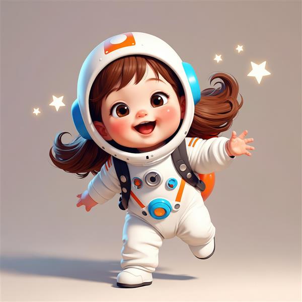 عکس باکیفیت کاراکتر دختر فضانورد در حال حرکت با کوله‌پشتی نارنجی و آبی (والپیپر)