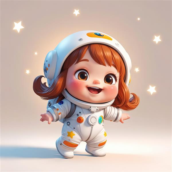 پوستر کودکانه دختر فضانورد با موهای نارنجی و لباس با پچ‌های رنگی (تصویر سه‌بعدی)
