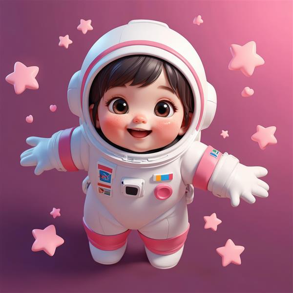 دانلود عکس استوک کاراکتر کودک فضانورد دختر با ستاره‌های صورتی (کیفیت بالا برای وب)