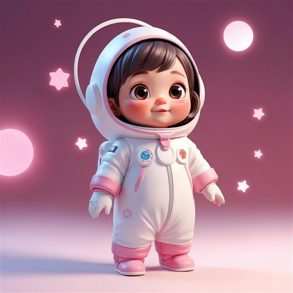 تصویر وکتور دختر فضانورد بامزه در بک‌گراند صورتی فضایی (مناسب چاپ دکوراتیو)