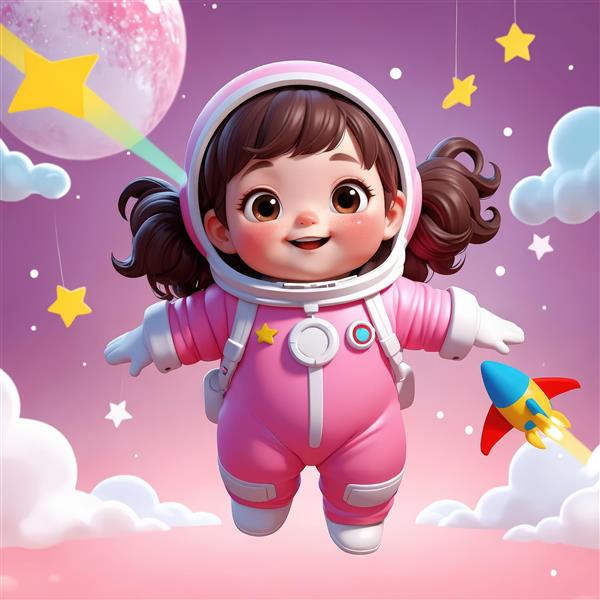 عکس کاراکتر کودک فضانورد دخترانه با لباس صورتی در آسمان ابری (اورجینال و لارج فرمت)