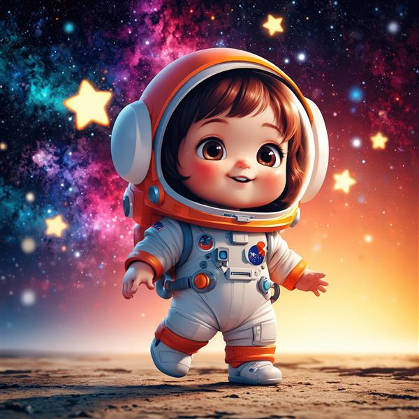 عکس سه‌بعدی کودک فضانورد با زمینه کهکشان رنگی و ستاره‌ها (والپیپر و چاپ دکوراسیون)
