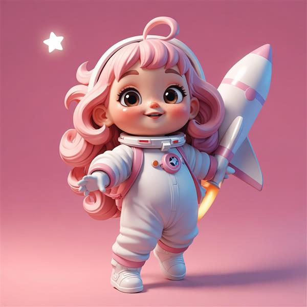دانلود عکس استوک کاراکتر دختر بچه مو فرفری صورتی فضانورد با موشک بزرگ (کیفیت بالا)