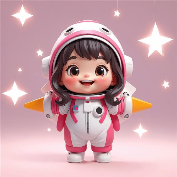 تصویر لارج فرمت دختر فضانورد با لباس صورتی و موشک‌های کوچک (بک‌گراند ستاره‌ای)