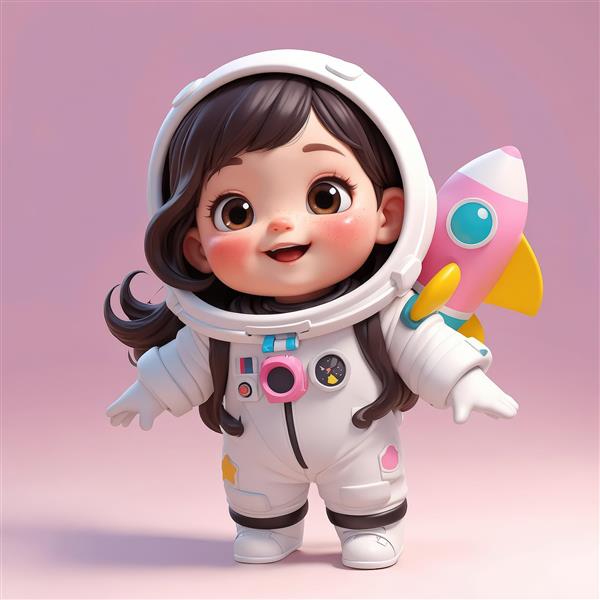 کاراکتر فضانورد کودک با موهای تیره و موشک کوچک روی کوله‌پشتی (طرح رویایی و شاد)
