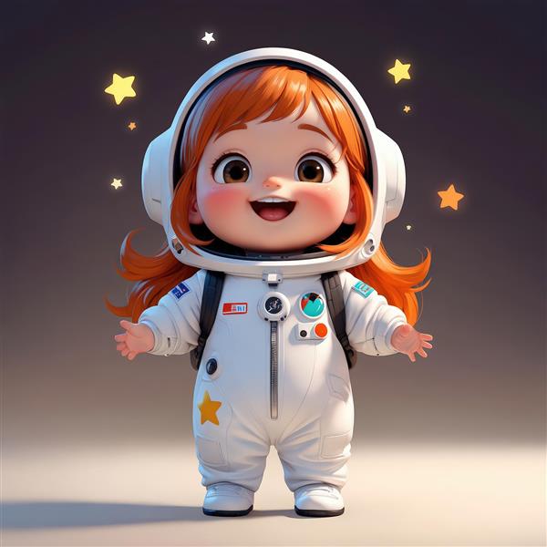 تصویر وکتور دختر بچه فضانورد خندان با موهای نارنجی و ستاره‌های درخشان (گرافیک مهدکودک)