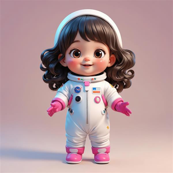 تصویر لارج فرمت دختر بچه فضانورد بامزه بدون کلاه در لباس سفید و صورتی (پوستر دکوراتیو)