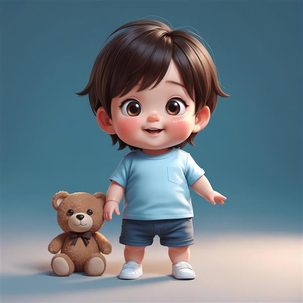 تصویر اورجینال کاراکتر پسر بچه با موهای قهوه‌ای و خرس تدی کوچک (پوستر سه‌بعدی)