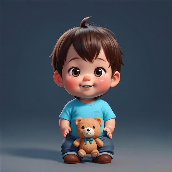 عکس باکیفیت و خاص کاراکتر پسر کوچک نشسته با خرس عروسکی در دست (بک‌گراند ساده)