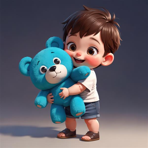 کاراکتر سه‌بعدی کودک با خرس تدی آبی (تصویر اورجینال مناسب مجلات و طراحی)