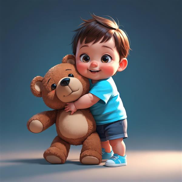 پوستر کودکانه: پسر بچه بامزه پشت خرس عروسکی بزرگ (کیفیت بالا برای پرینت)