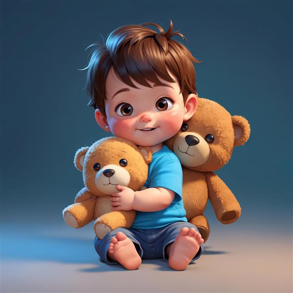 تصویر لارج فرمت کودک با دو خرس عروسکی بزرگ و کوچک (طرح دکوراسیون اتاق بچه)