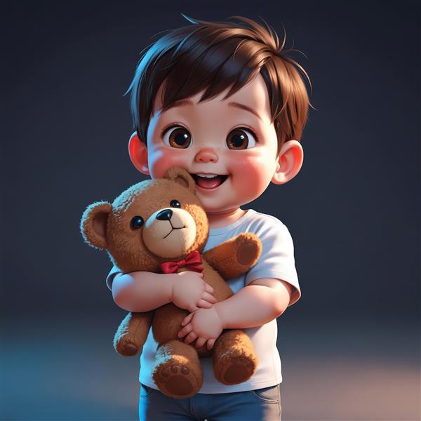 دانلود عکس استوک کاراکتر کودک خندان در حال بغل کردن خرس عروسکی (چاپ عریض)
