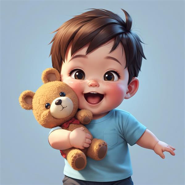 تصویر وکتور پسر بچه کارتونی با چشم‌های درشت و خرس تدی (مناسب چاپ پوستر کودک)
