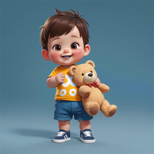 عکس باکیفیت کاراکتر پسر بچه بامزه و خندان با خرس عروسکی (اورجینال و دکوراتیو)