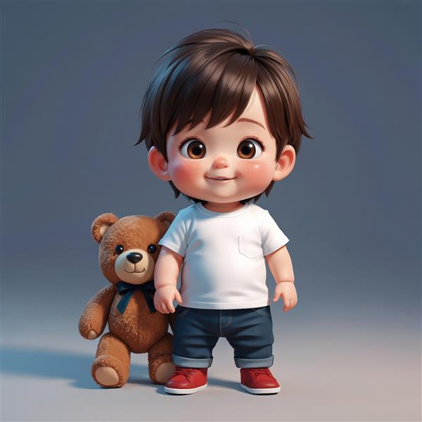 عکس باکیفیت بالا از پسر کارتونی با تی‌شرت سفید و شلوار جین، در کنار خرس تدی با پاپیون تیره، مناسب چاپ