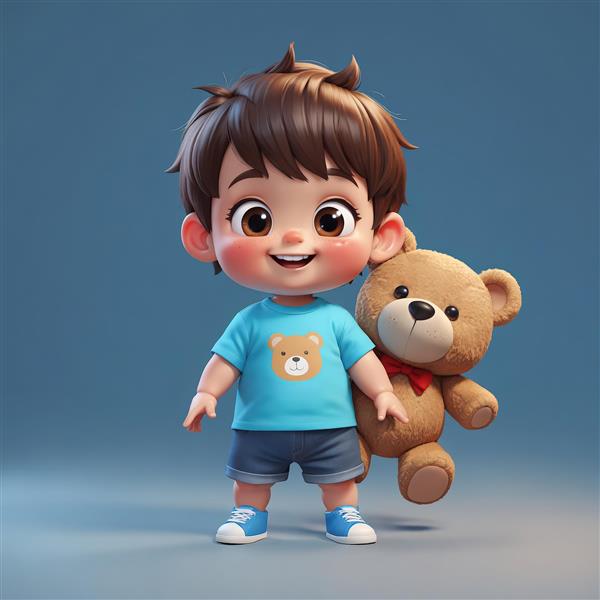 تصویر اورجینال پسرک کارتونی با تی‌شرت طرح خرس، در کنار خرس تدی پاپیون‌دار، مناسب چاپ باکیفیت بالا