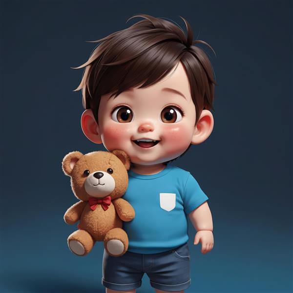 عکس استوک دکوراتیو پسر کارتونی شاد با تی‌شرت جیب‌دار و خرس عروسکی کوچک، مناسب تابلو کودک و دکور