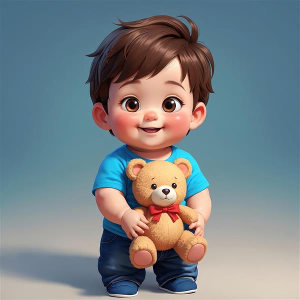 تصویر با کیفیت عالی پسر کارتونی با تی‌شرت آبی، در حال نگه‌داشتن خرس تدی پاپیون‌دار