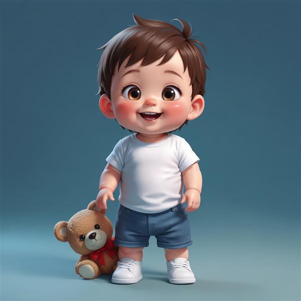 عکس اورجینال پسر کارتونی خندان با تی‌شرت سفید و شلوارک، در کنار خرس عروسکی پاپیون‌دار، مناسب پوستر