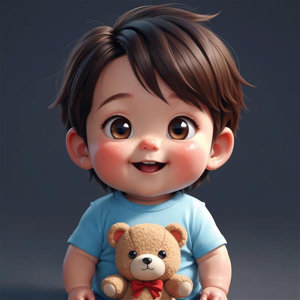 تصویر استوک پسر کارتونی با تی‌شرت آبی، در حال بغل کردن خرس تدی درشت در نمای نزدیک، ایده آل برای چاپ