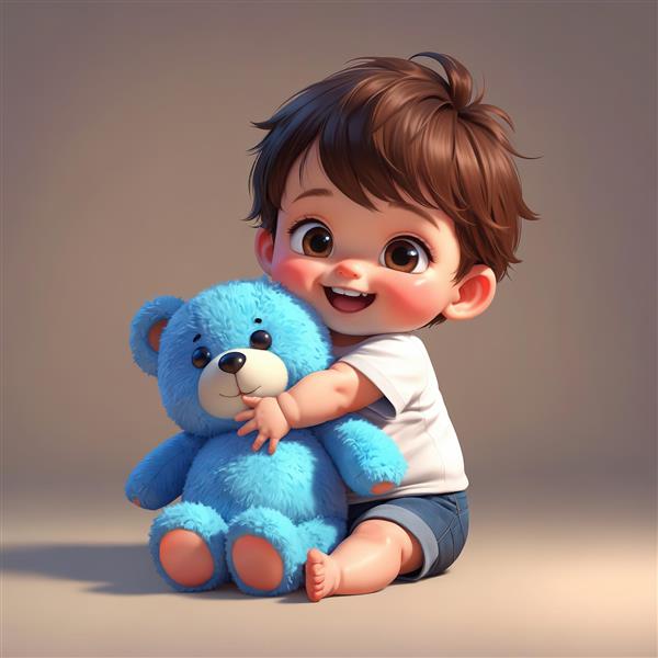 عکس باکیفیت بالا از پسرک کارتونی نشسته، در حال بغل کردن خرس تدی آبی بزرگ، مناسب چاپ عریض
