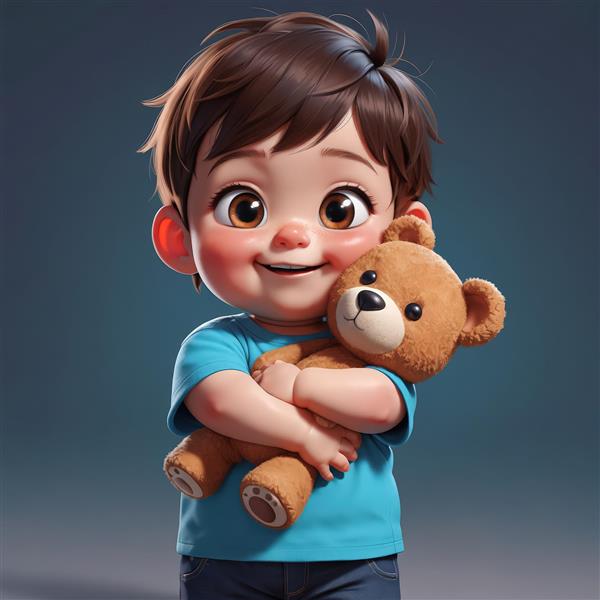 تصویر اورجینال پسر کارتونی با تی‌شرت آبی، در آغوش کشیدن خرس تدی بزرگ، با پس‌زمینه تیره، مناسب تابلو