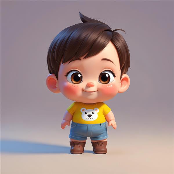 عکس استوک دکوراتیو پسر کارتونی خندان با تی‌شرت زرد و طرح خرس، مناسب تولید پوستر و محصولات چاپی