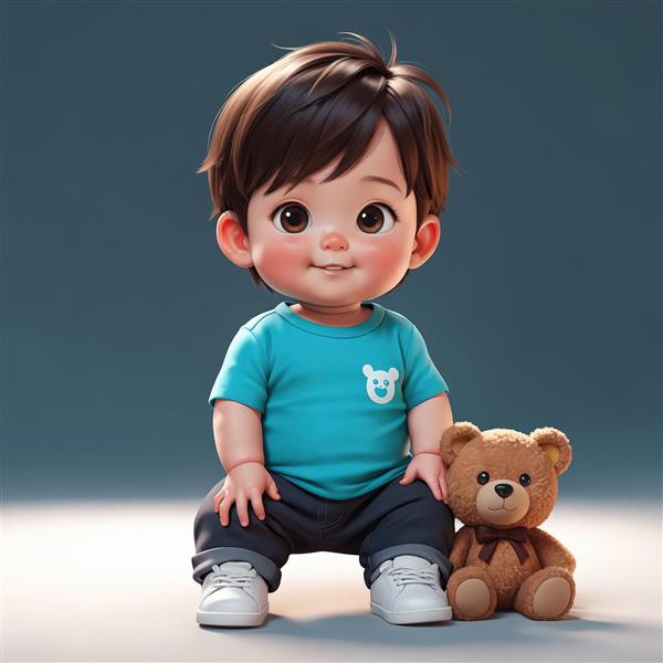 تصویر باکیفیت عالی پسرک کارتونی نشسته با تی‌شرت طرح خرس و خرس تدی قهوه‌ای، مناسب چاپ تابلو