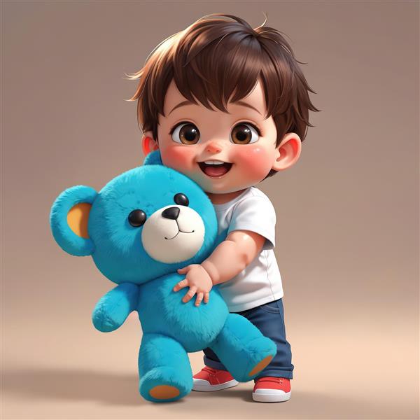 عکس باکیفیت بالا از پسرک کارتونی با تی‌شرت سفید، در حال بغل کردن خرس تدی آبی بزرگ، مناسب چاپ عریض