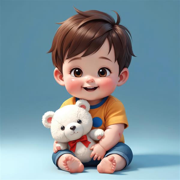 تصویر اورجینال پسر کارتونی نشسته با تی‌شرت زرد و خرس تدی سفید، مناسب چاپ تابلو و دکوراسیون کودکانه