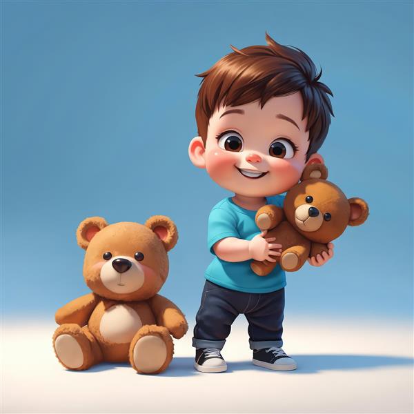 عکس استوک دکوراتیو پسر کارتونی خندان در حال بازی با دو خرس تدی، مناسب چاپ بنر و دکور مهدکودک
