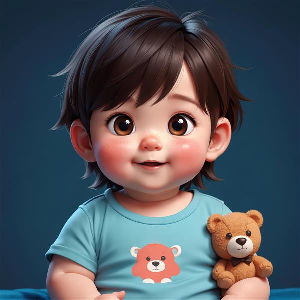 تصویر با کیفیت فوق العاده پسر کارتونی با تی‌شرت طرح خرس، در حال بازی با خرس تدی کوچک برای پوستر