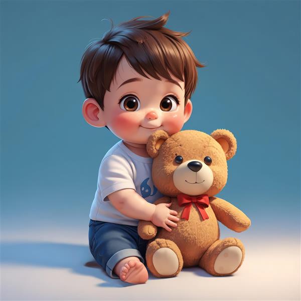 عکس اورجینال پسرک کارتونی نشسته با تی‌شرت سفید و خرس عروسکی، مناسب تولید تابلوهای اتاق خواب کودک