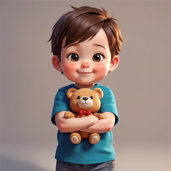 تصویر استوک پسر کارتونی با تی‌شرت فیروزه‌ای، در حال بغل کردن خرس تدی پاپیون‌دار، مناسب چاپ‌های عریض