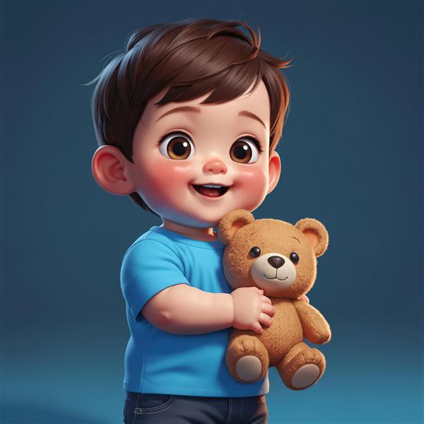 عکس باکیفیت بالا از پسر کارتونی شاد با تی‌شرت آبی، در آغوش گرفتن خرس تدی کوچک، مناسب دکوراسیون