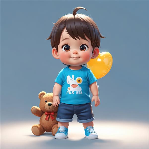 تصویر اورجینال پسر کارتونی با تی‌شرت طرح روباه و بادکنک زرد، در کنار خرس عروسکی برای تولید محصولات
