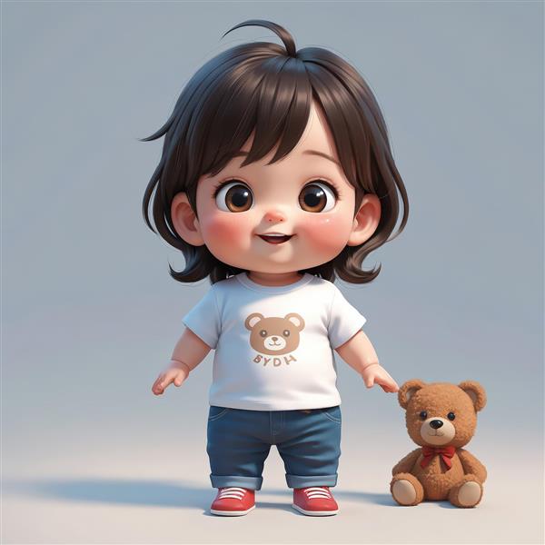 عکس استوک دکوراتیو دختر کوچک کارتونی خندان با تی‌شرت طرح خرس و جین، مناسب تابلو و پوستر اتاق کودک