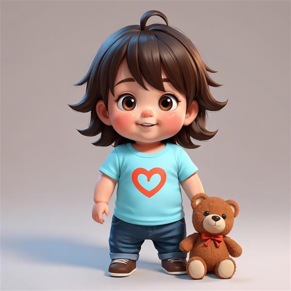 تصویر باکیفیت عالی دخترک کارتونی با تی‌شرت قلب آبی و خرس تدی پاپیون‌دار، مناسب چاپ عریض مهدکودک