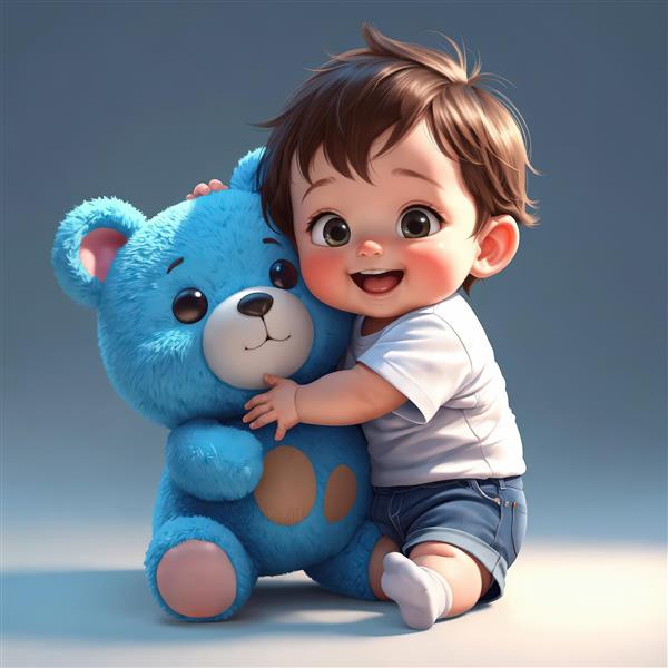 عکس باکیفیت بالا از نوزاد پسر کارتونی در حال آغوش گرفتن خرس تدی آبی بزرگ، مناسب چاپ پوستر