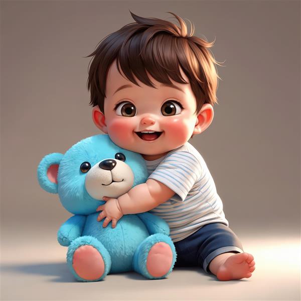 تصویر اورجینال پسرک کارتونی با تی‌شرت راه راه و خرس تدی آبی، در حال بغل کردن با شادی، مناسب تابلو کودک