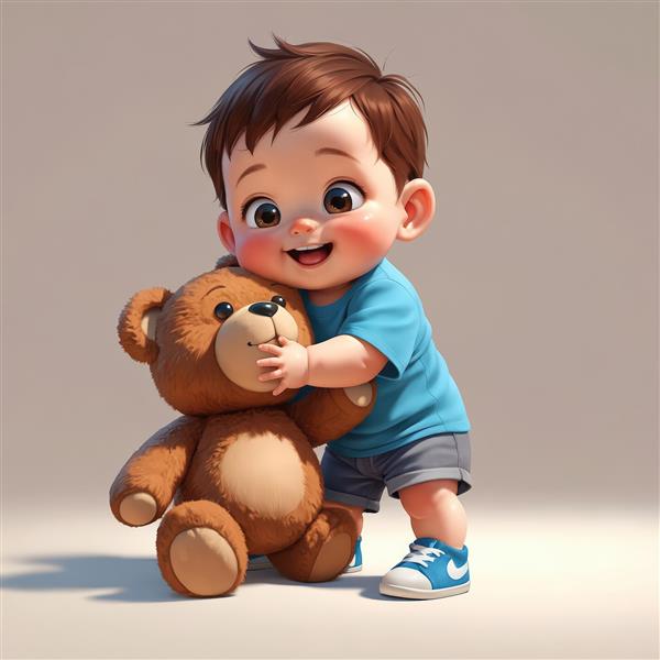 عکس استوک دکوراتیو پسر کارتونی شاد در حال بغل کردن خرس عروسکی بزرگ، مناسب برای دکور و چاپ‌