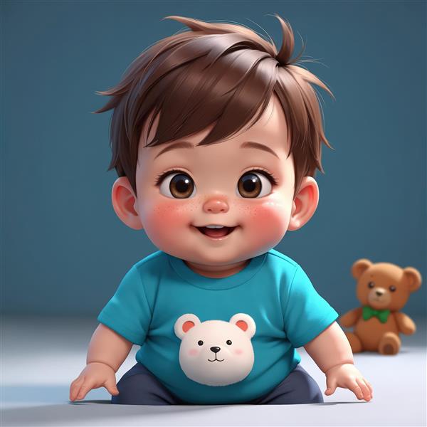 تصویر با کیفیت پسر کارتونی خندان در حال چهاردست‌وپا با تی‌شرت خرسی، و خرس تدی در پس‌زمینه، مناسب چاپ