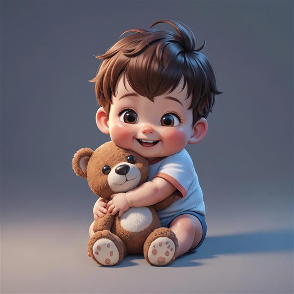 عکس اورجینال پسر کارتونی نشسته روی زمین با خرس تدی قهوه‌ای، مناسب چاپ تابلو باکیفیت