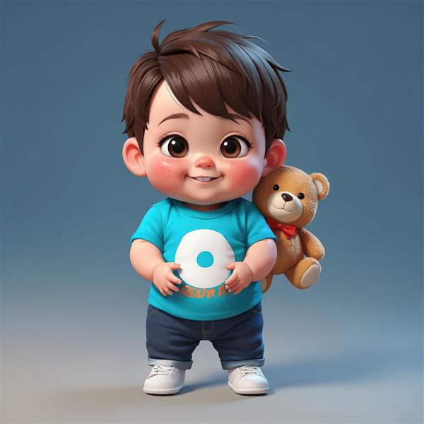 تصویر با کیفیت فوق العاده پسر کارتونی با تی‌شرت و خرس عروسکی کنار گوش، مناسب پوستر دیواری مهدکودک