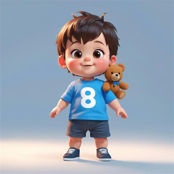 عکس استوک دکوراتیو پسرک کارتونی با تی‌شرت عدد 8، و خرس عروسکی روی شانه، مناسب چاپ عریض